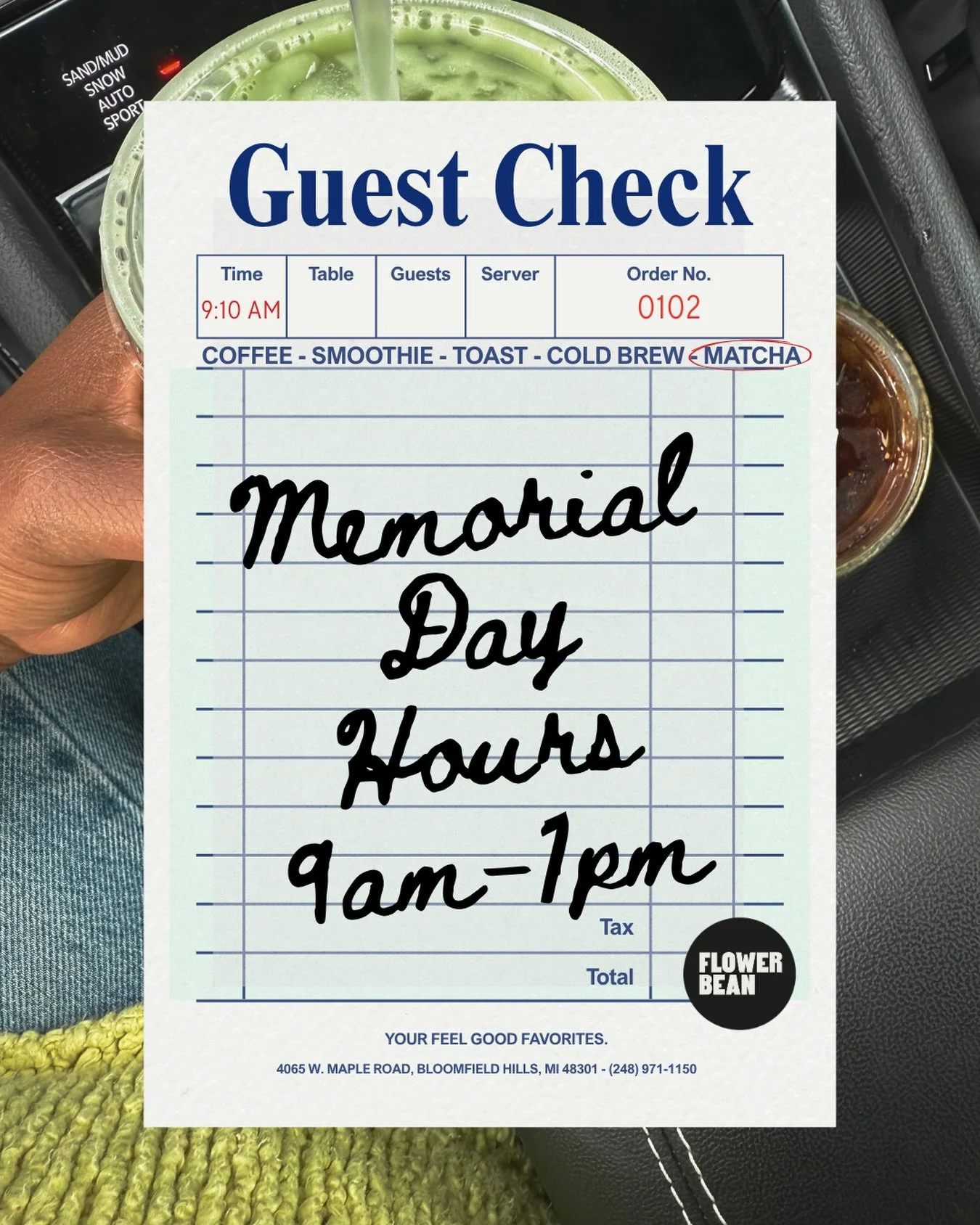 Smoothies, lattes, and your feel good favorites til 1pm on Memorial Day. 💙
