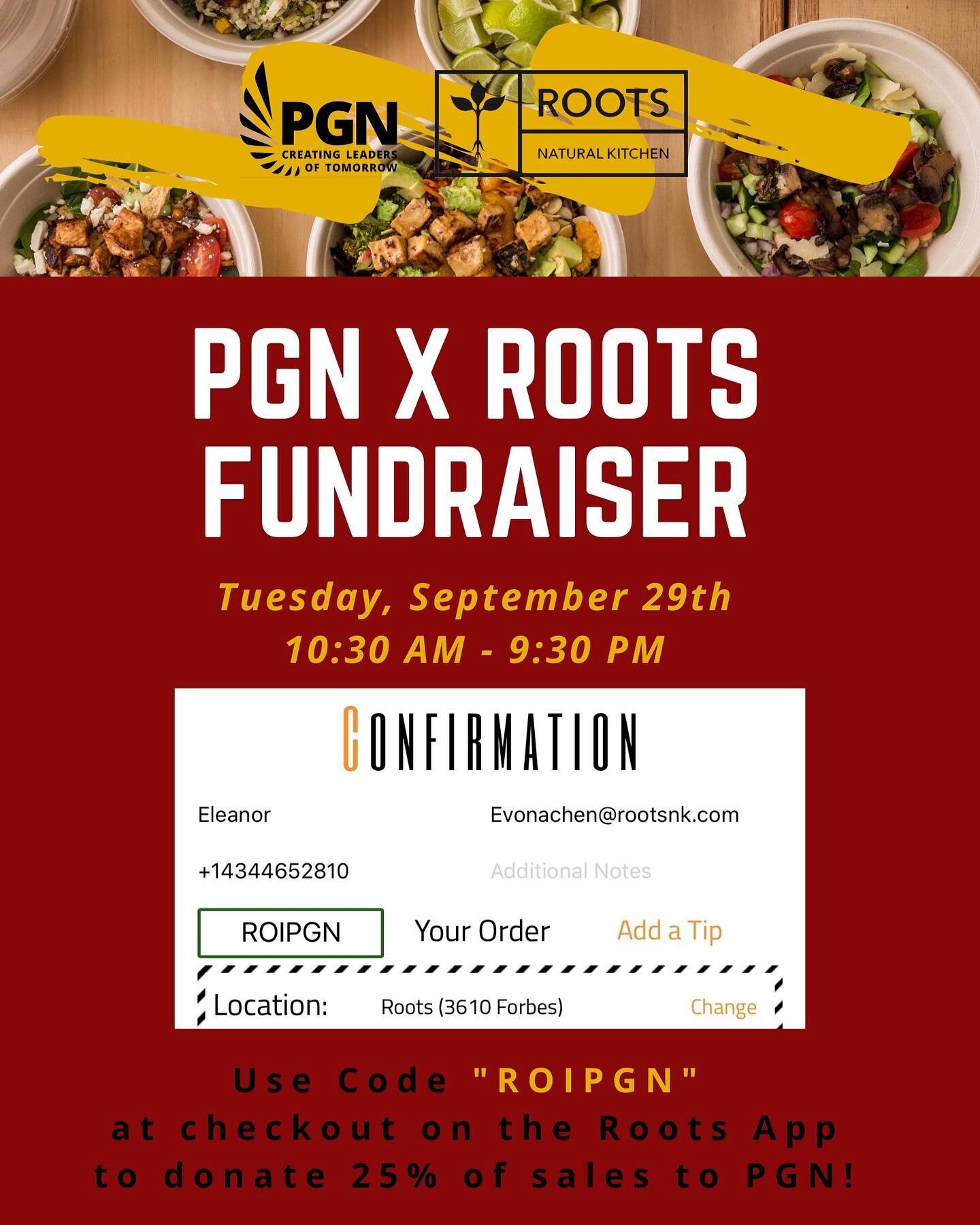 Support our Pitt chapter TODAY by participating in our Roots fundraiser 🍴🥗 Order through the Roots app and make sure to type in &ldquo;ROIPGN&rdquo; at the checkout to donate a portion of proceeds to PGN!!! 

Comment down below what you&rsquo;re ge