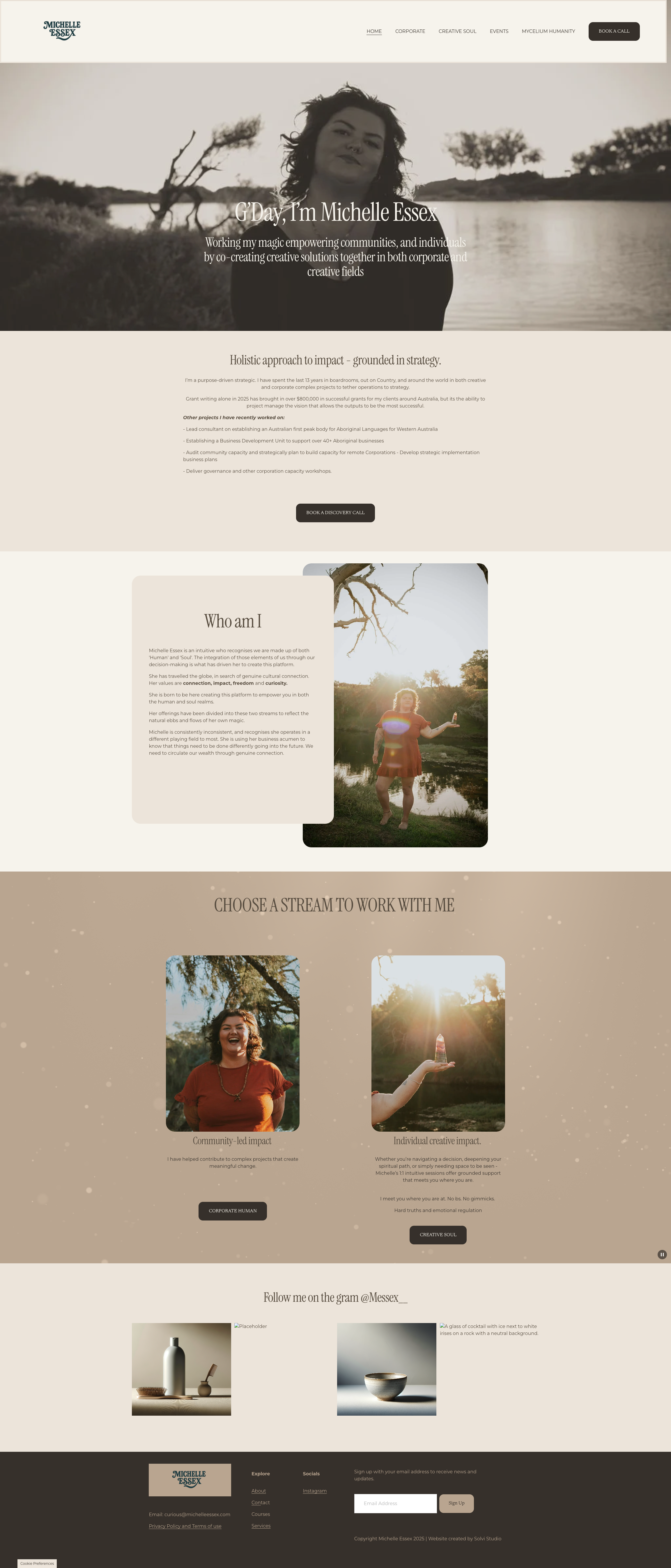 Main webpage features a black and white photo of a woman outdoors near a body of water with trees in the background. Below is a color photo of a woman standing near a waterway during sunset, with arms raised. The page contains sections about the woman's work, philosophy, and ways to collaborate, with warm, neutral tones and natural imagery.
