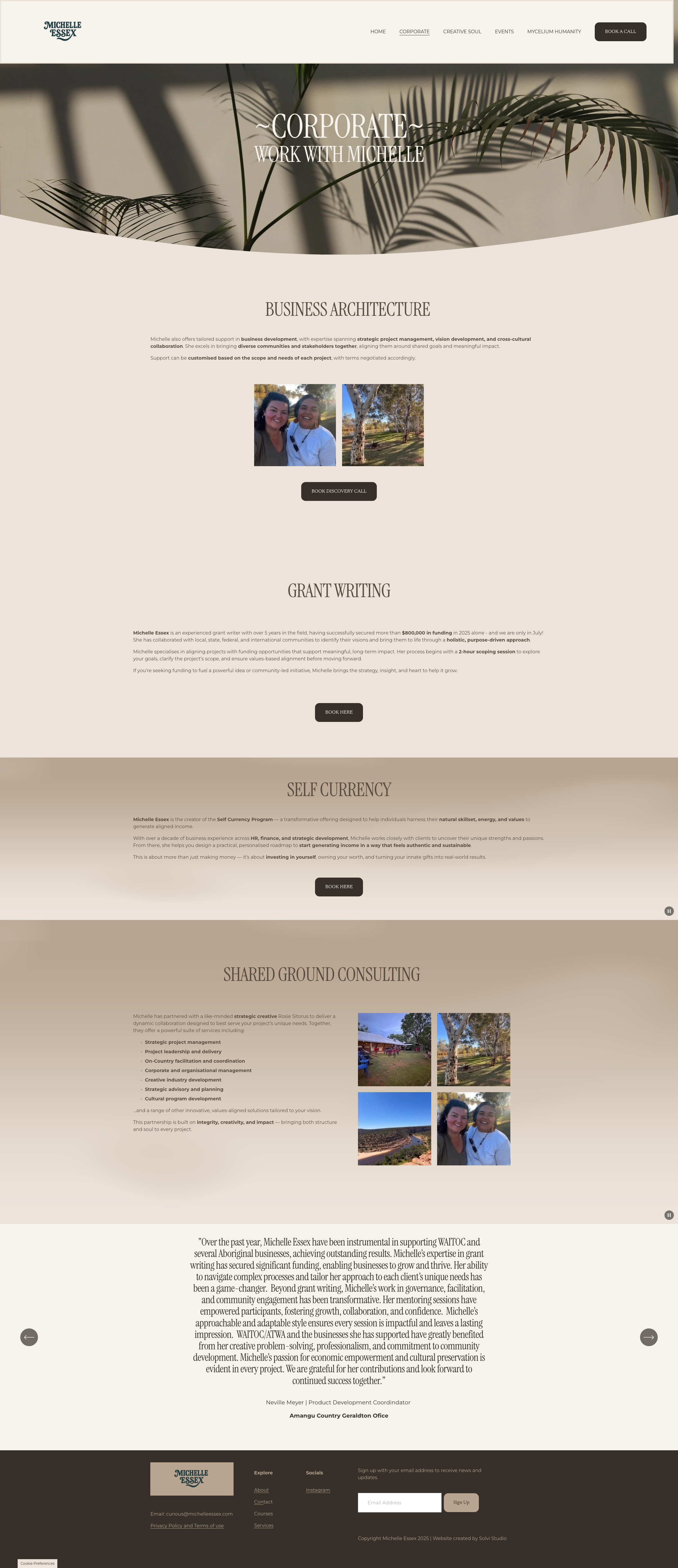 Screenshot of Michelle Essex's professional website homepage, featuring a neutral color palette, header menu, large header text 'Corporate Work with Michelle', sections on business architecture, grant writing, self currency, shared ground consulting, and images of people and outdoor scenes.