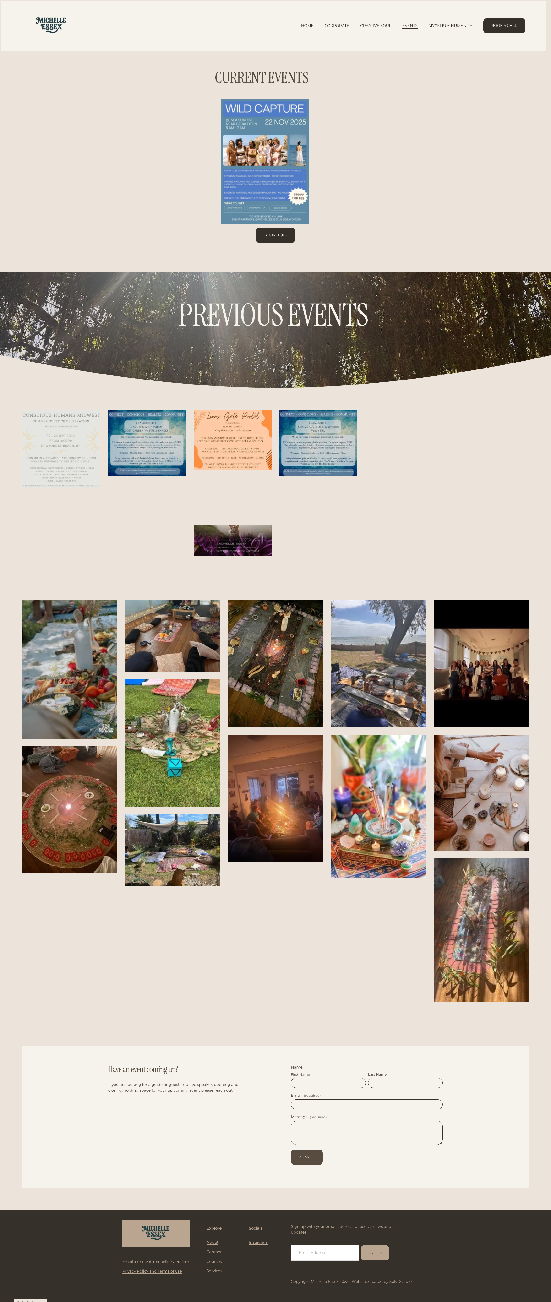 Screenshot of a website with sections for current and previous events, featuring images from outdoor gatherings, dinners, and celebrations, along with a form to submit new event information.