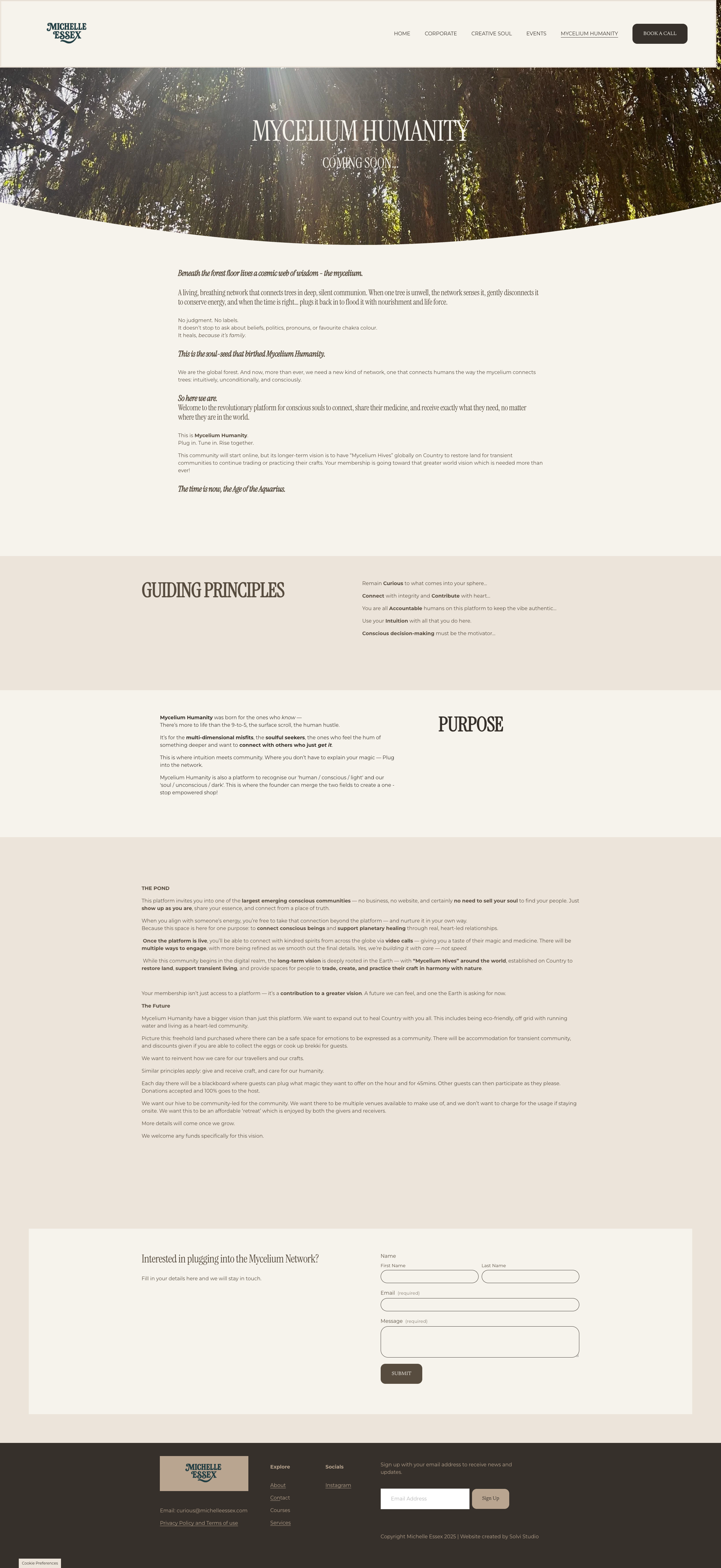 Webpage for Mycelium Humanity featuring a forest background with sunlight filtering through trees, include sections on guiding principles, purpose, and contact form.