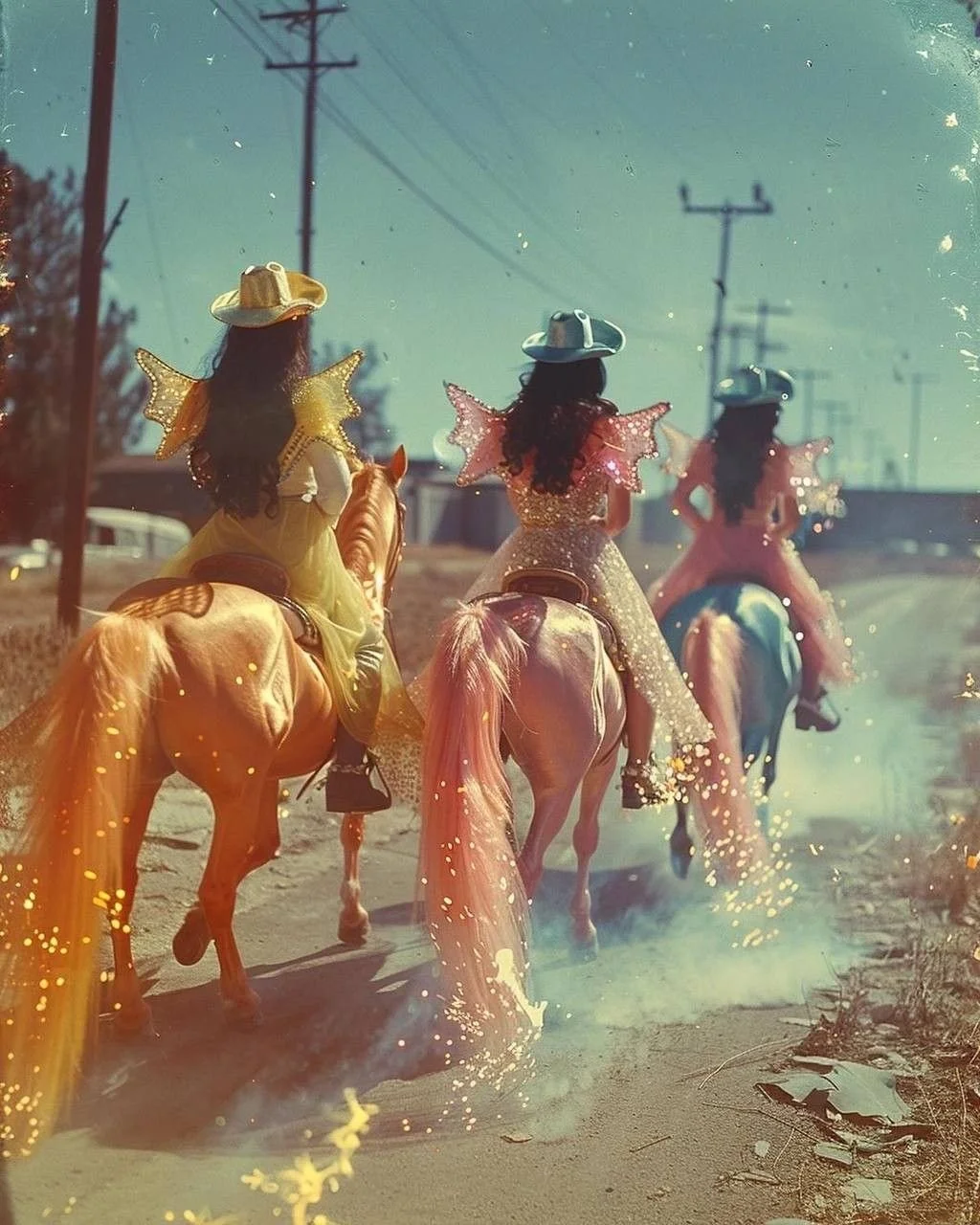 Three women dressed as cowgirls riding horses down a dirt road with power lines overhead, wearing colorful costumes with sparkly wings and hats.