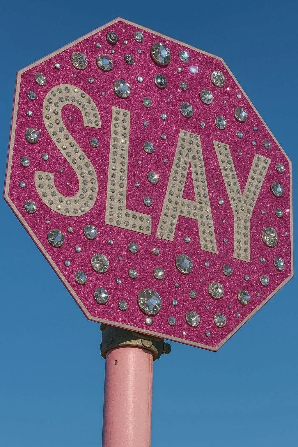 Pink glittery stop sign decorated with rhinestones and the word "SAY" written on it, mounted on a pink pole against a clear blue sky.