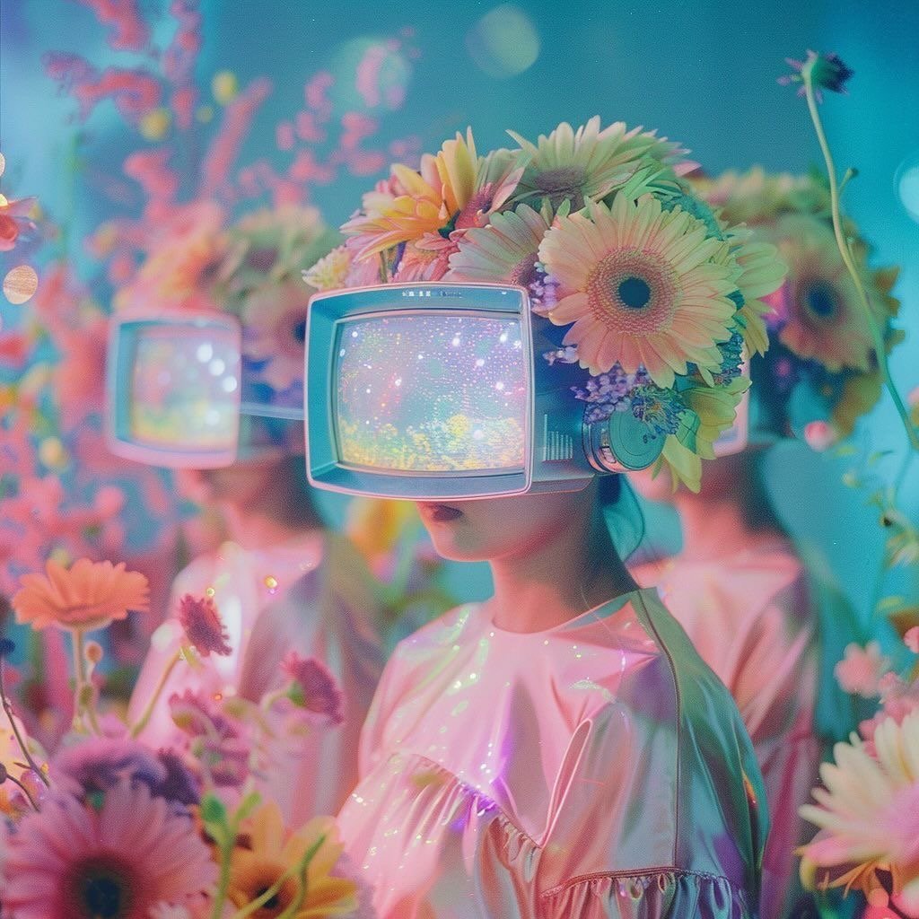 Person wearing a large flower headpiece and a dreamy, iridescent dress, using vintage virtual reality goggles in a vibrant, floral setting.