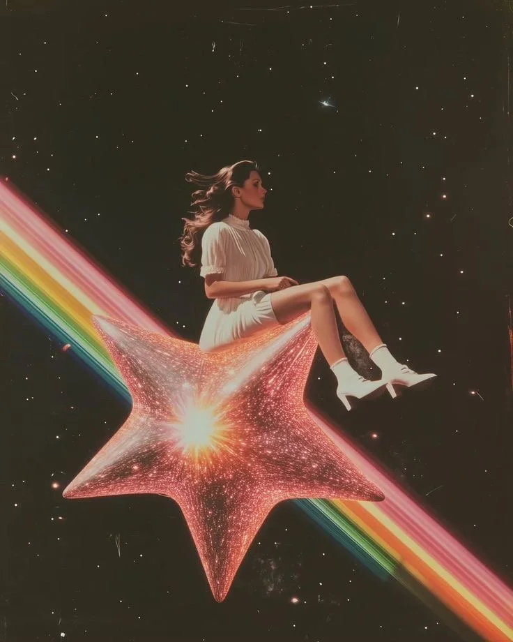 A woman in a white dress and boots sitting on a sparkling star in space, with a rainbow trail and stars in the background.