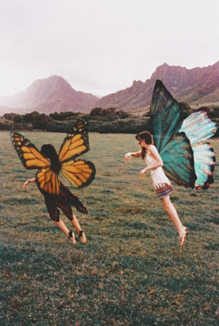 Two girls with butterfly wings attached to their backs playing in an open grassy field with mountains in the background.