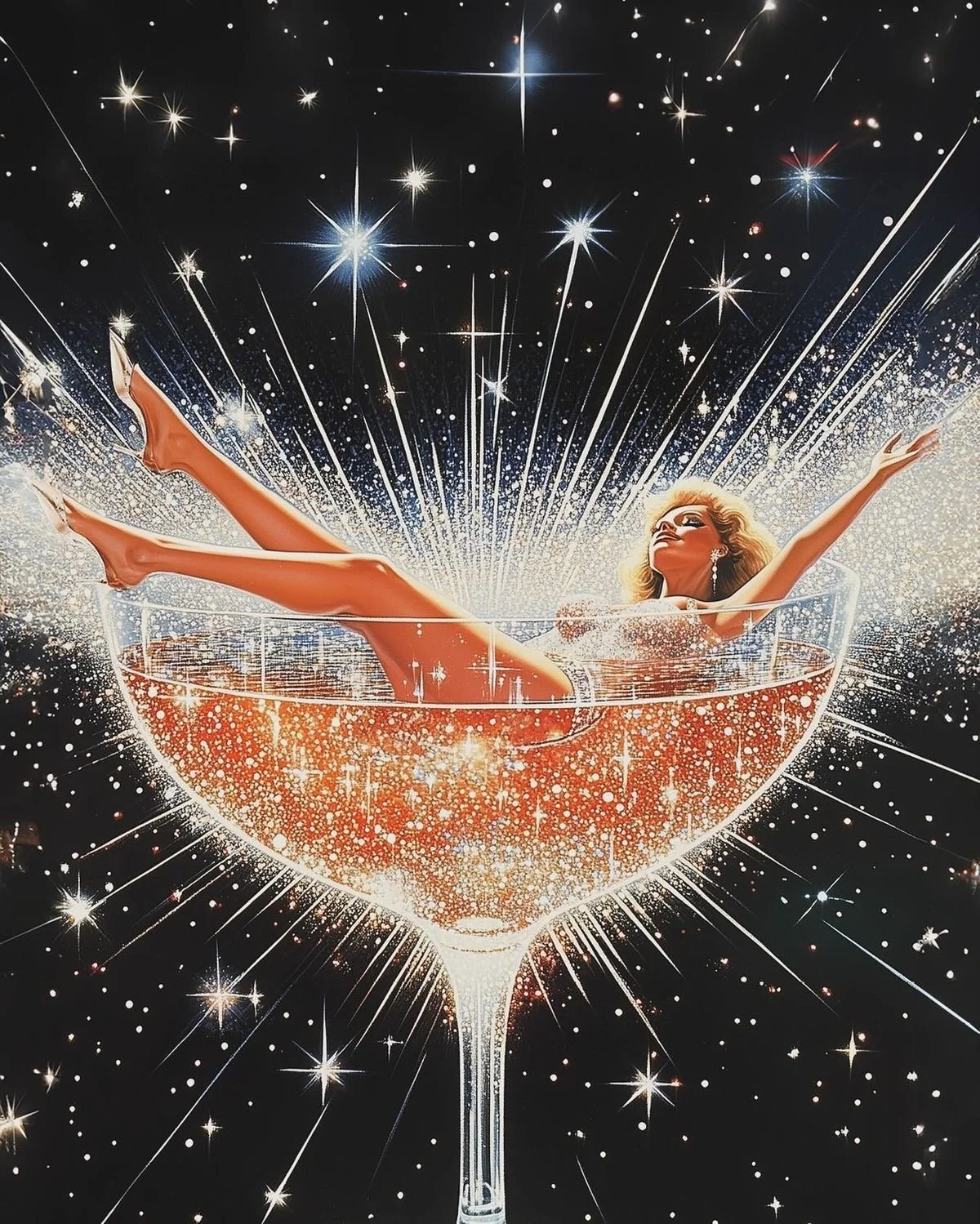 A glamorous woman with blonde hair and earrings reclining in a sparkling, gold-colored cocktail glass with a starry background and radiant light effects.