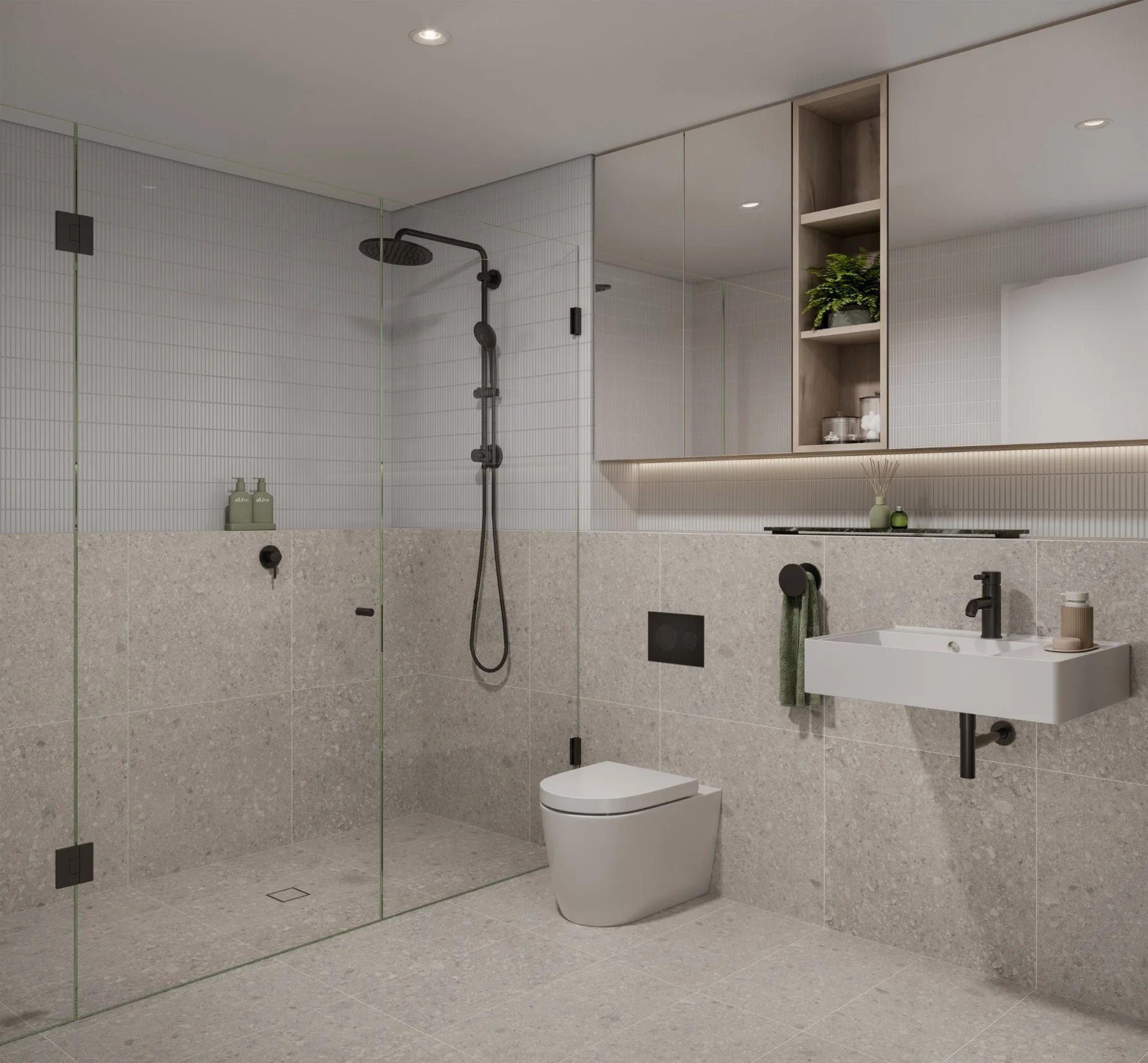 Modern bathroom with walk-in shower, white toilet, sink, and built-in wall cabinet with plant and decorative items.