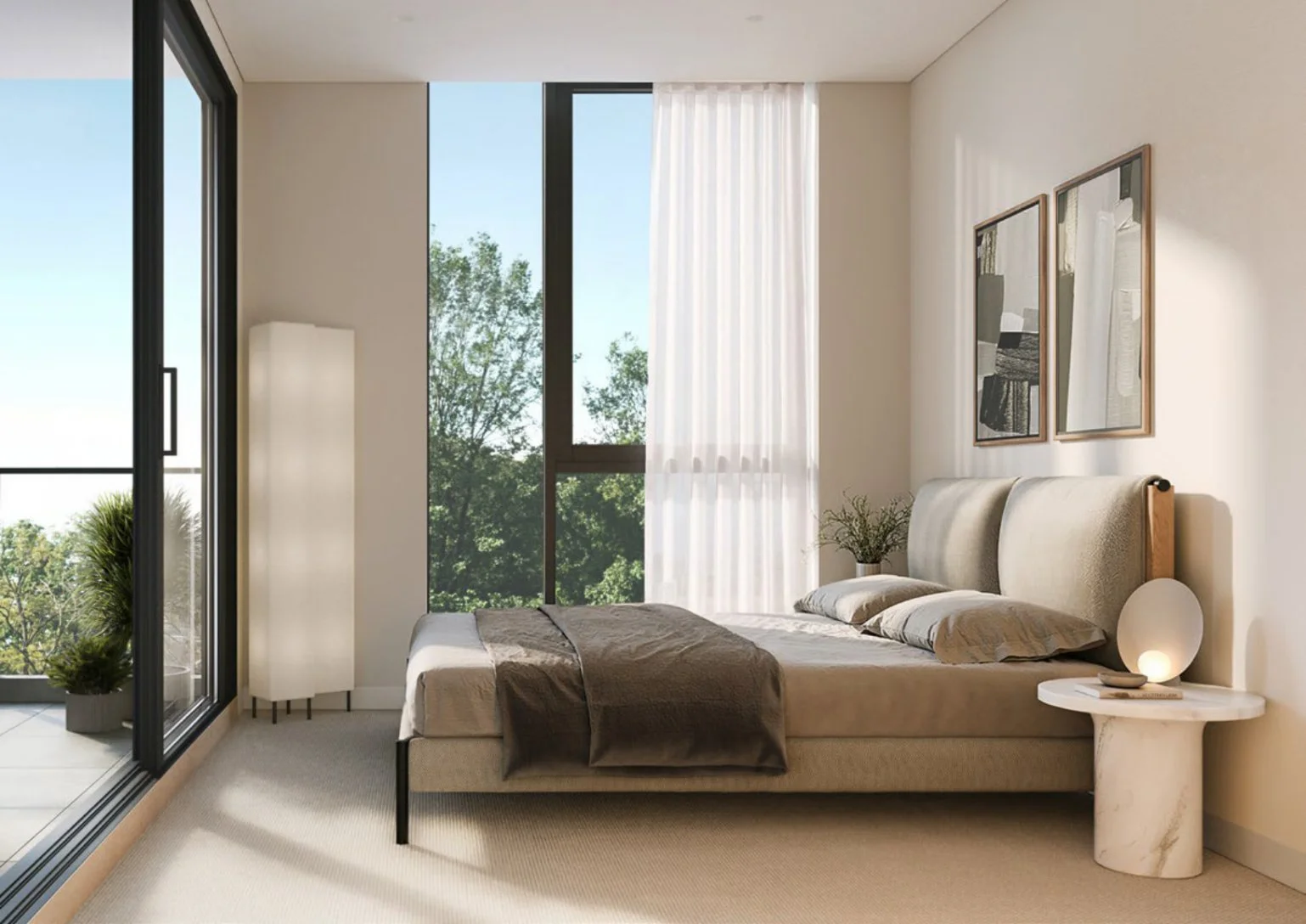 Contemporary bedroom with large windows showing greenery outside, a beige upholstered bed with gray bedding, two framed artworks above, a white bedside table with a spherical lamp, and a tall white floor lamp near a balcony.