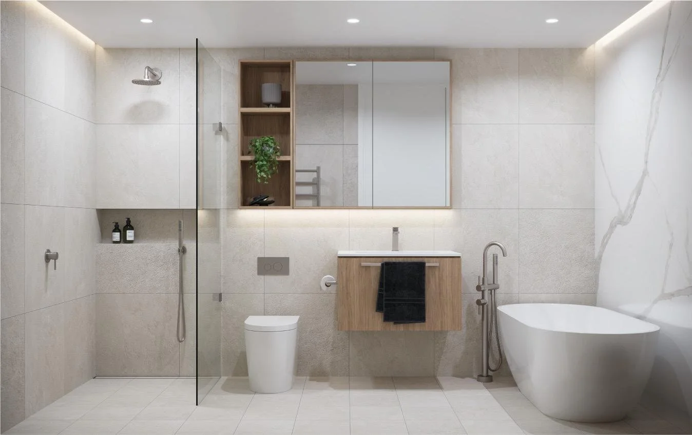 Modern bathroom with a walk-in shower, wall-mounted toilet, floating wooden vanity with a black towel, a large mirror with built-in lighting, a bathtub, and light beige tiled walls and floor.