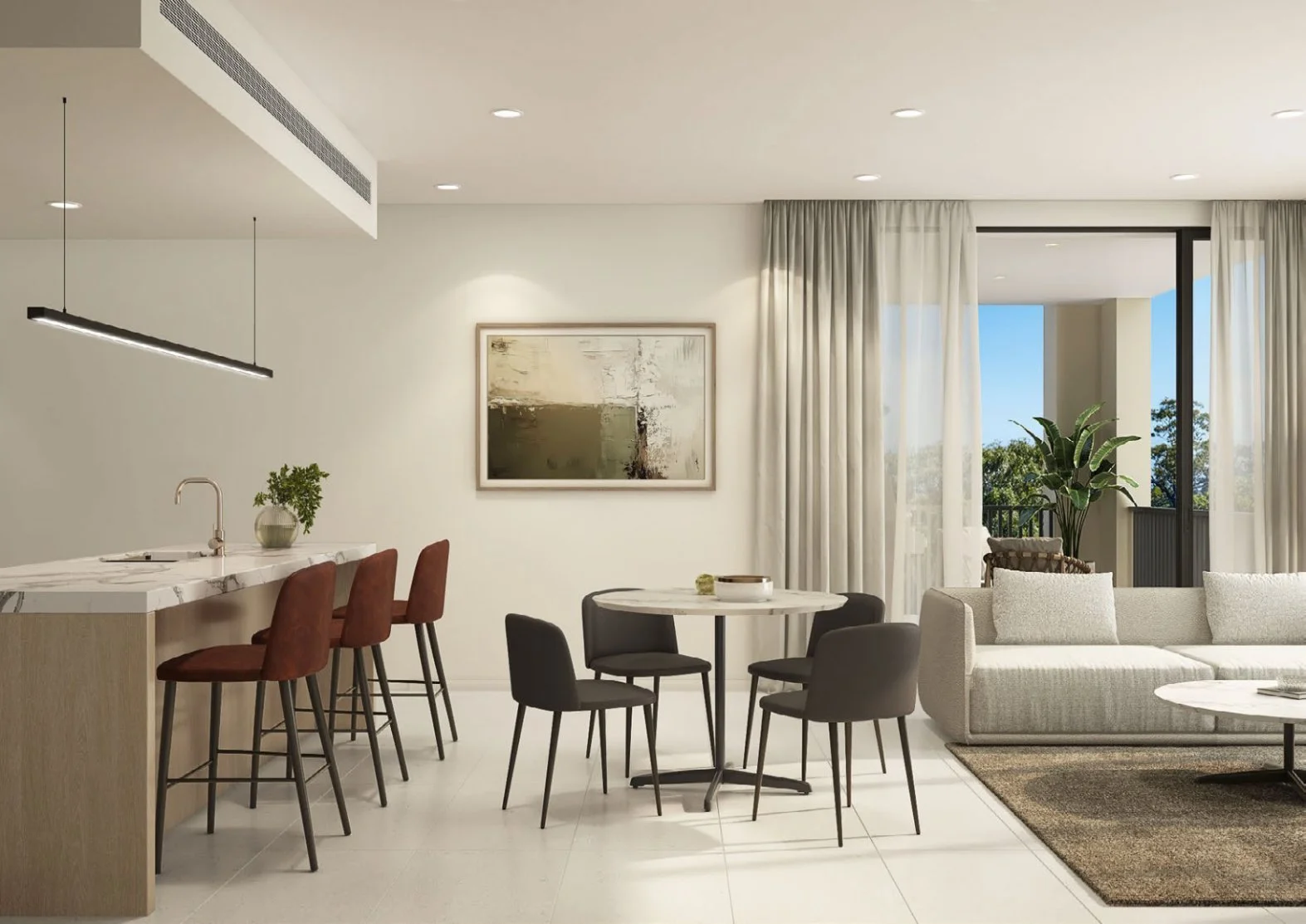 Modern apartment living space with a kitchen island and barstools, a dining area with a round table and chairs, living room with a sofa, a large window with curtains, and outdoor view of trees.