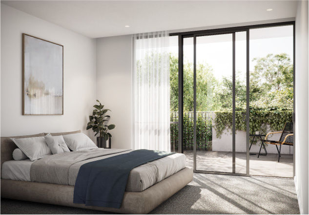 Modern bedroom with a bed, pillows, a water-colored artwork on the wall, a potted plant, and sliding glass doors leading to a balcony with outdoor seating and greenery.