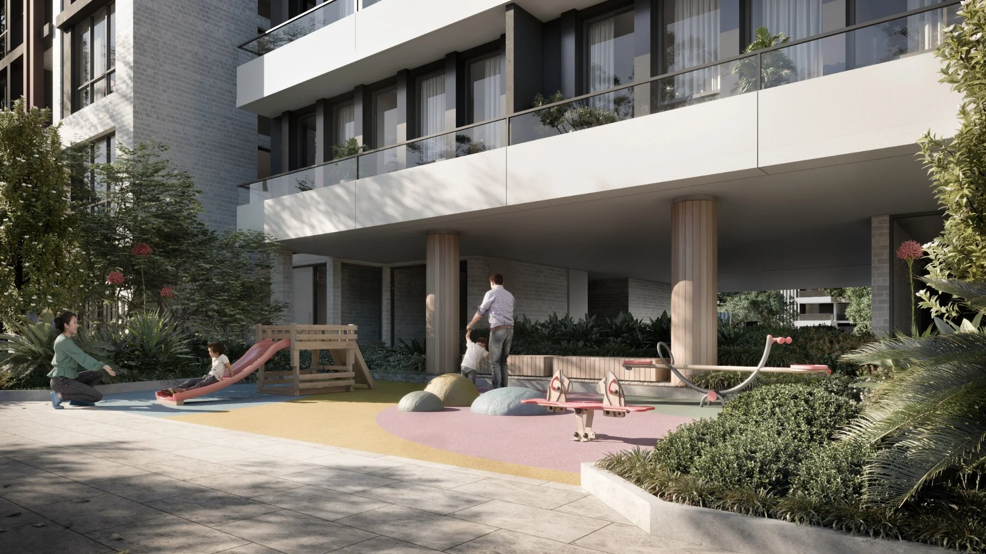 Family playing on a playground in an outdoor garden area of a modern residential building with balconies, surrounded by trees and plants.