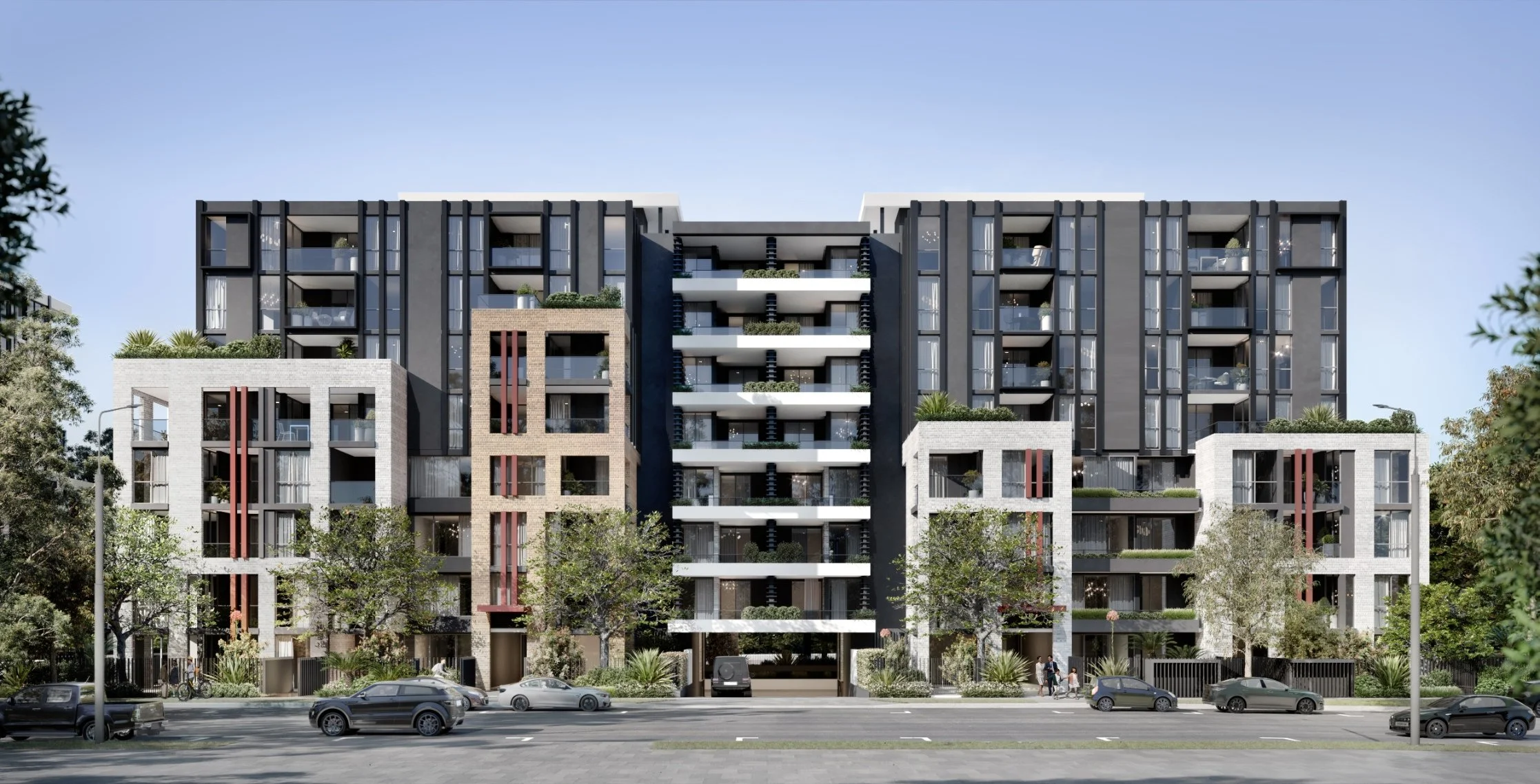 Modern multi-story residential building with balconies, large windows, surrounded by trees and cars parked on the street in front.
