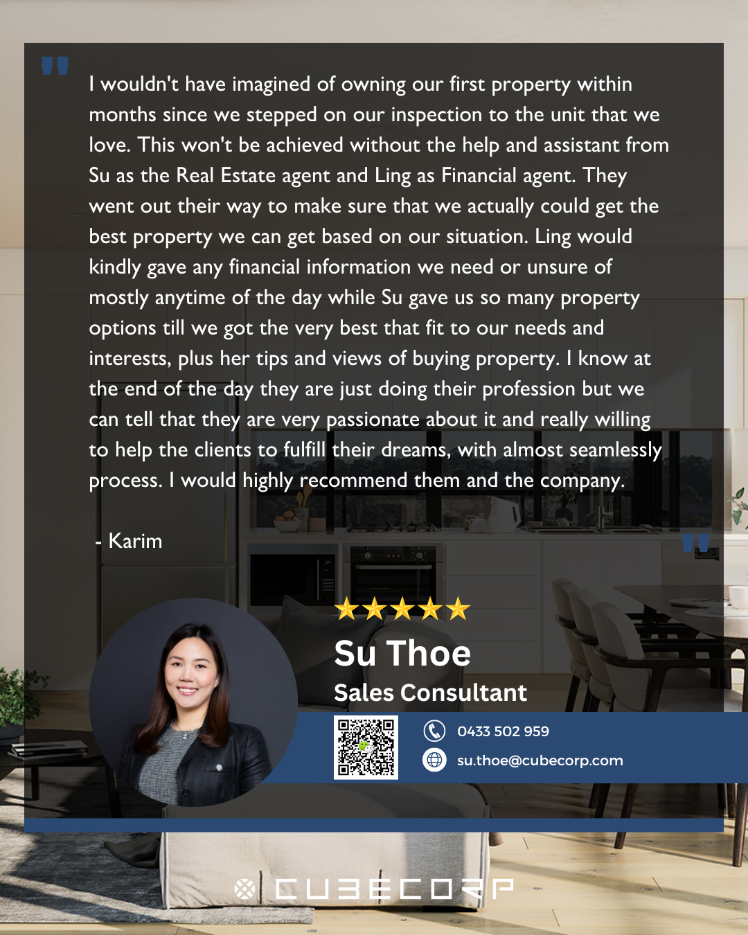 Testimonial from Karim endorsing Su Thoe, a sales consultant, with her contact information, photo, and star rating, on a background of a modern kitchen and dining area.