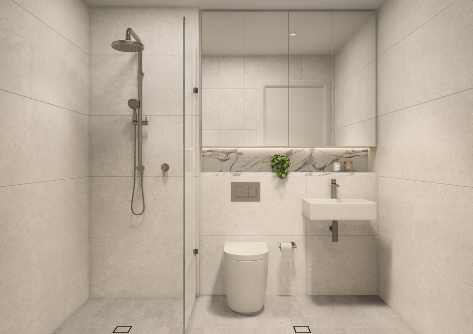 Modern, minimalist bathroom with walk-in shower, wall-mounted toilet, small sink, large mirror, marble countertop, potted plant, and neutral-colored tiles.