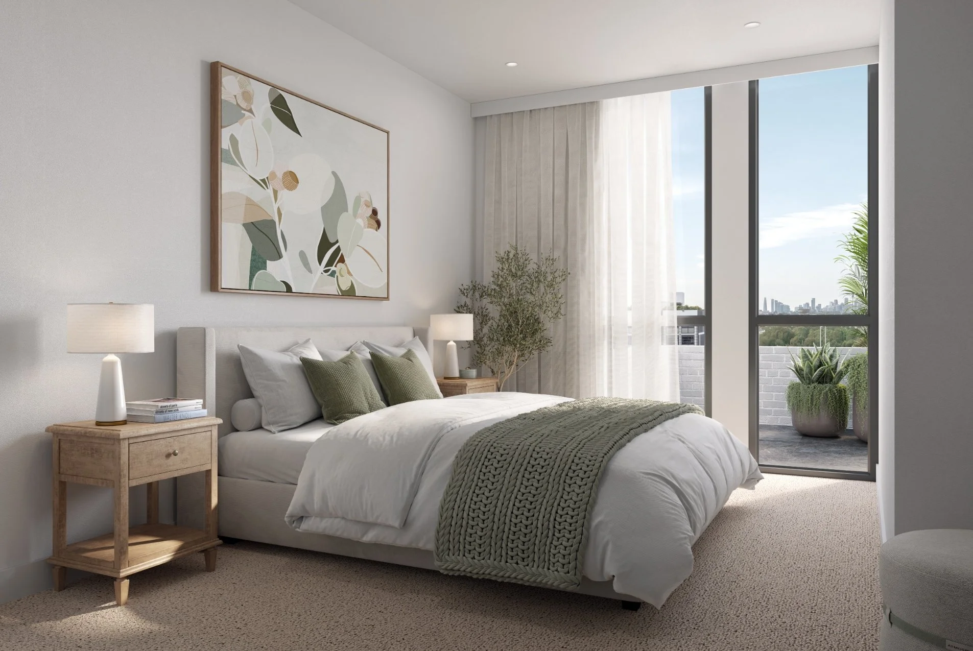 Modern bedroom with a large bed with white bedding and green pillows, two bedside tables with lamps, a large abstract artwork above the bed, and floor-to-ceiling windows with sheer curtains and potted plants outside.