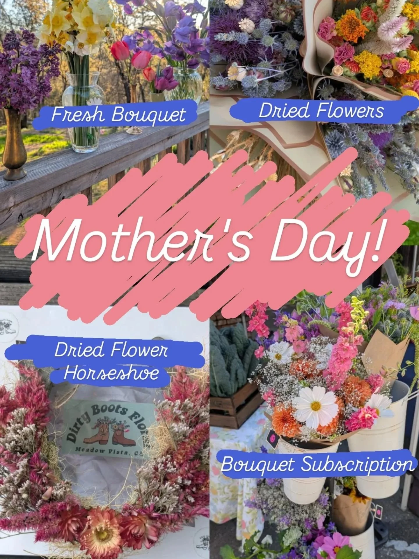 The biggest flower day of the year is coming up! Mother's Day! 💐 This year for Mother's Day we have a few options for you:
💐 Fresh Bouquet Pre-Order 
🥀 Dried Bouquet 
🐎 Dried Flower Horseshoe
✳️ Fresh Bouquet Subscription 
📸 Photo Prints of Our 