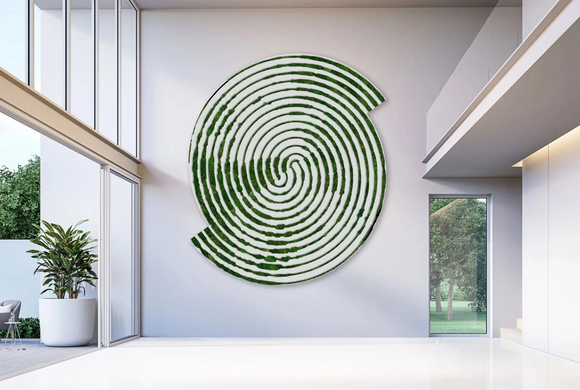 Modern interior with large circular green and white decorative preserved wall art resembling a fingerprint pattern, plants, large windows, and minimalist design elements.