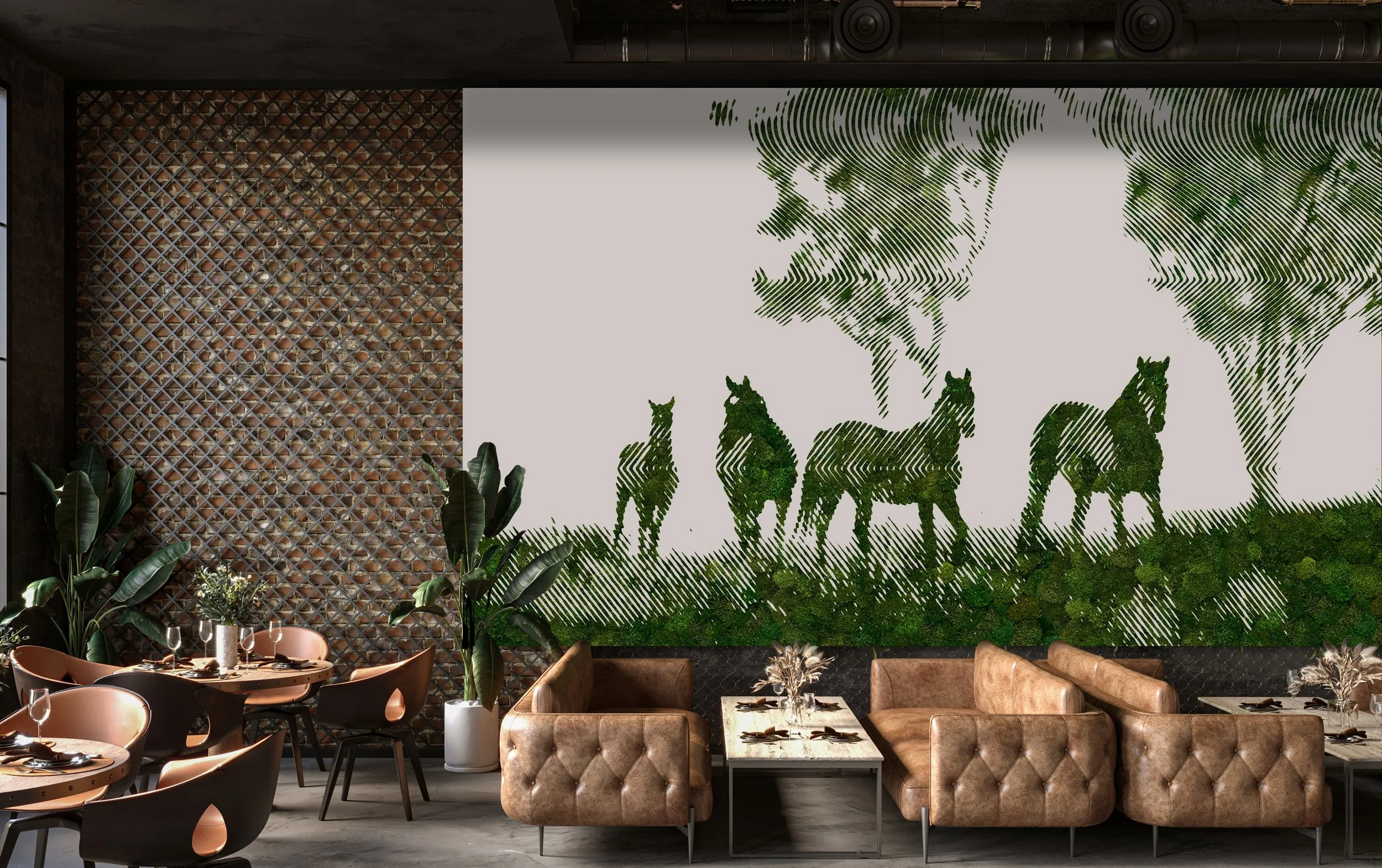 A modern restaurant interior with a large green moss wall art featuring silhouette animals and trees, surrounded by green plants and contemporary furniture with tables set for dining.
