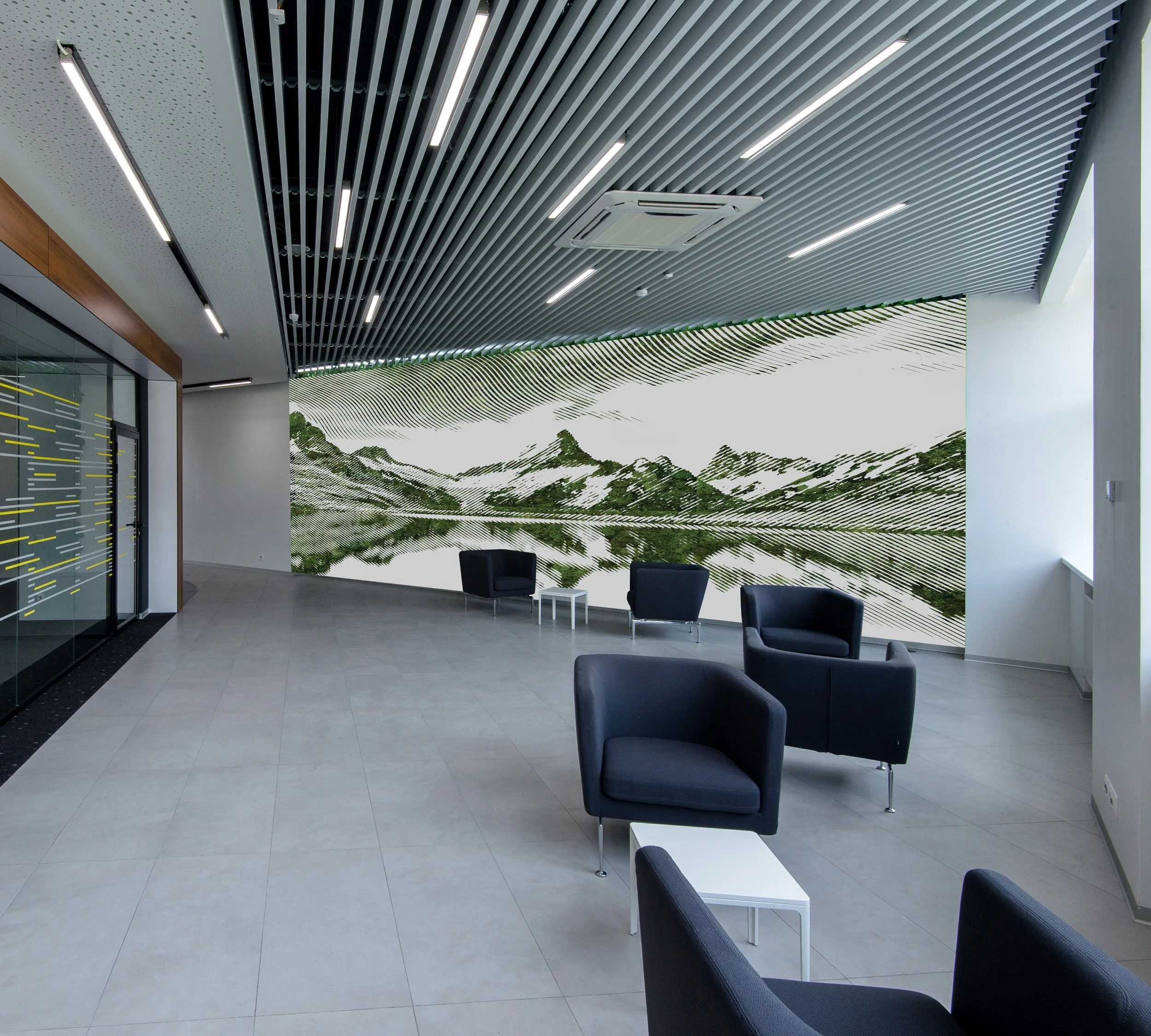 Large preserved moss mountain mural installed in a hotel lobby