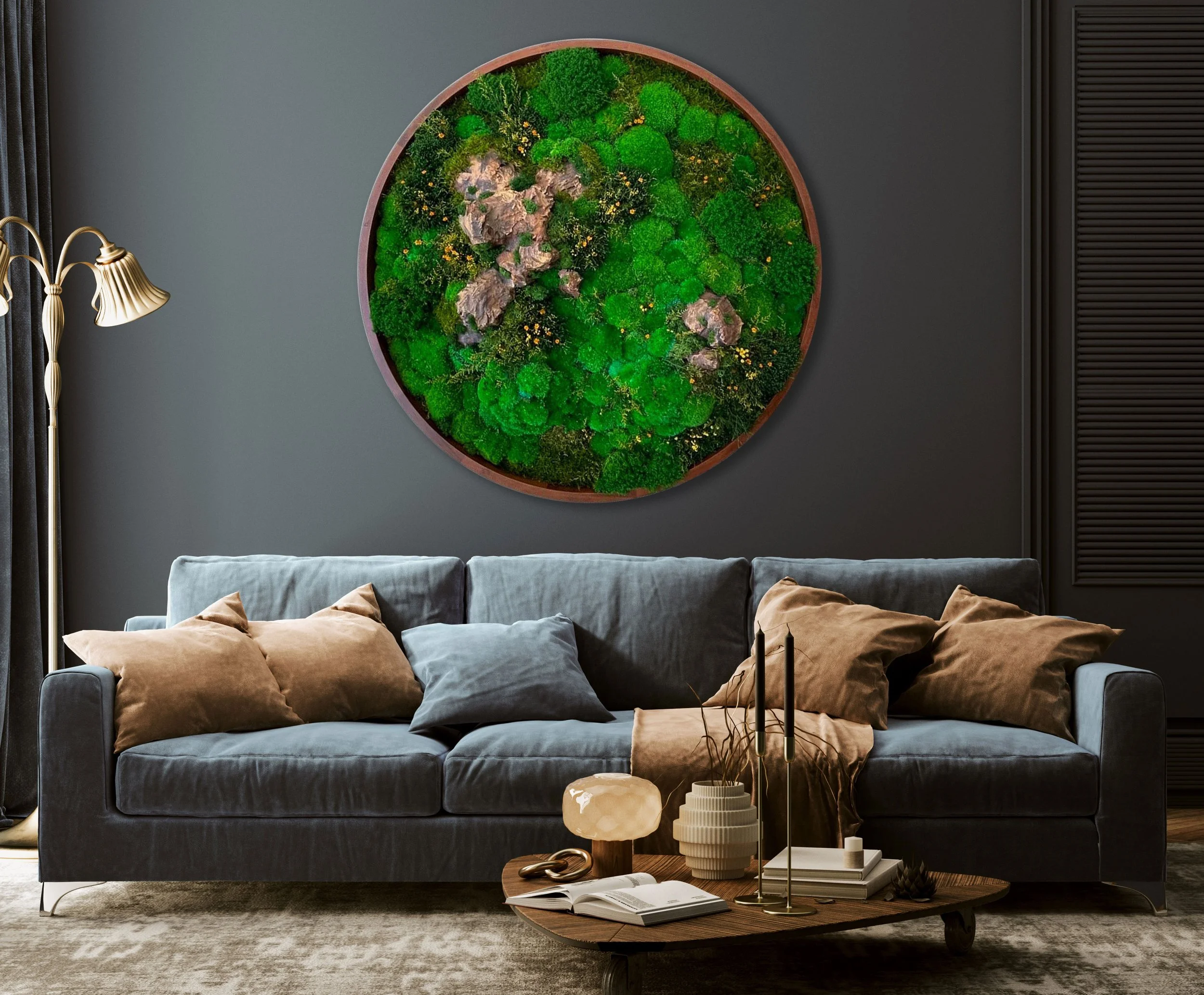 Preserved moss wall art installation in a Kirkland home