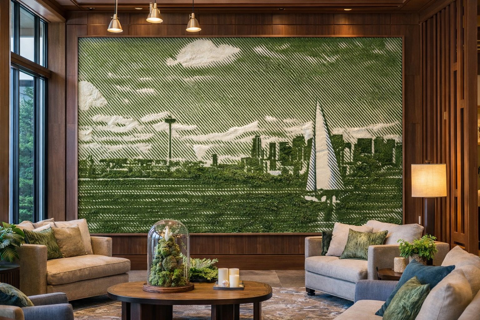 Full-wall preserved moss mural installation in a commercial interior