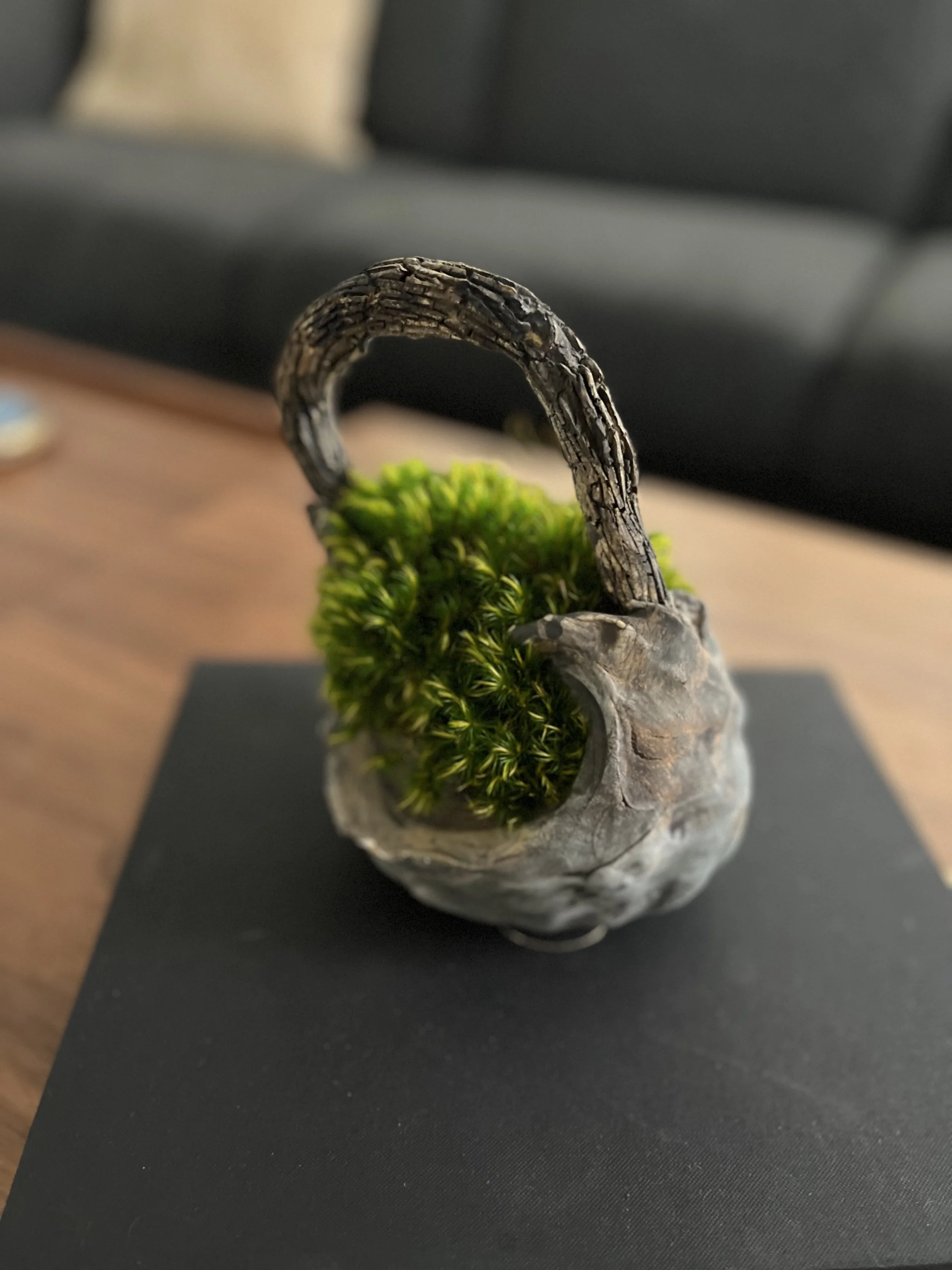 Blue clay basket filled with preserved moss — 7" tabletop centerpiece
