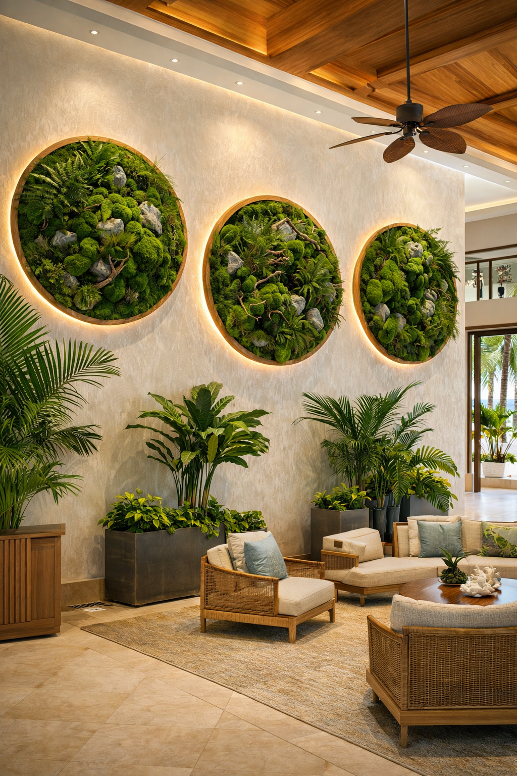 Custom preserved moss art installation in a modern business space