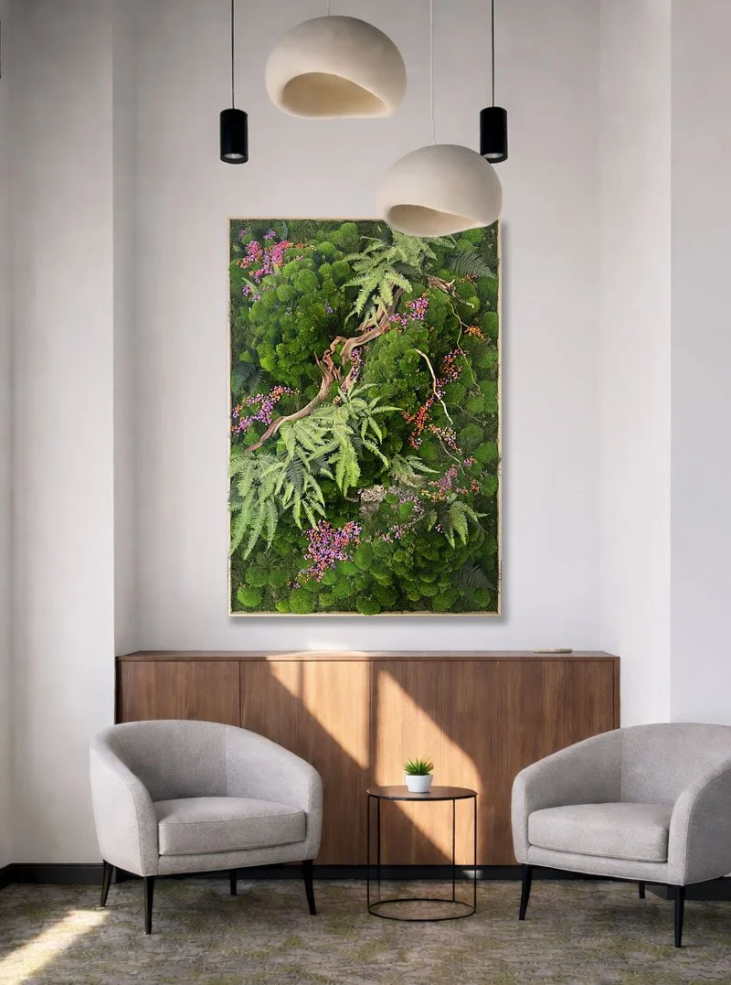 Custom preserved moss art installation at Green Leaf Dental in Seattle