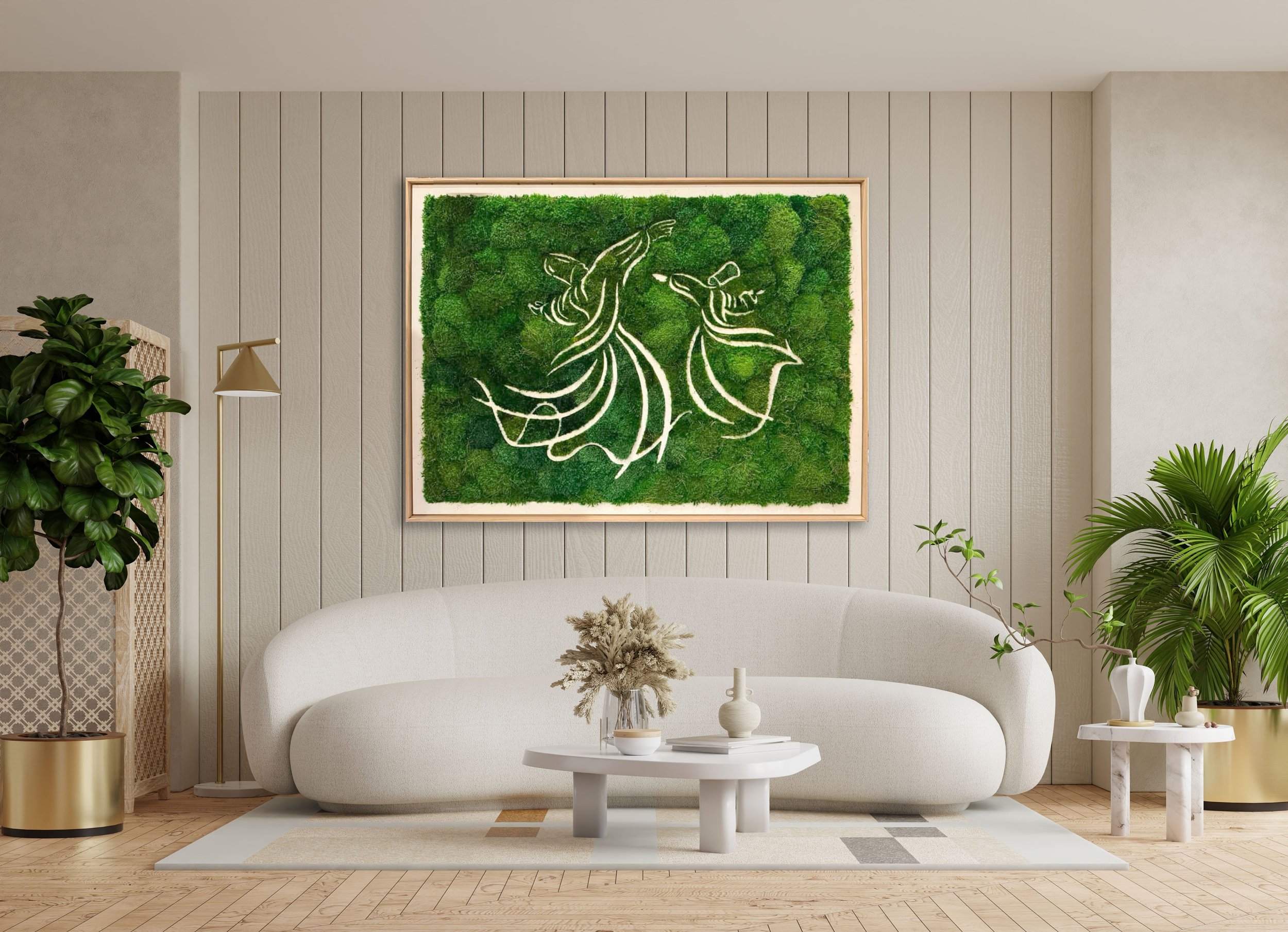 Custom moss wall art — Dervish design — installed in a private Texas home