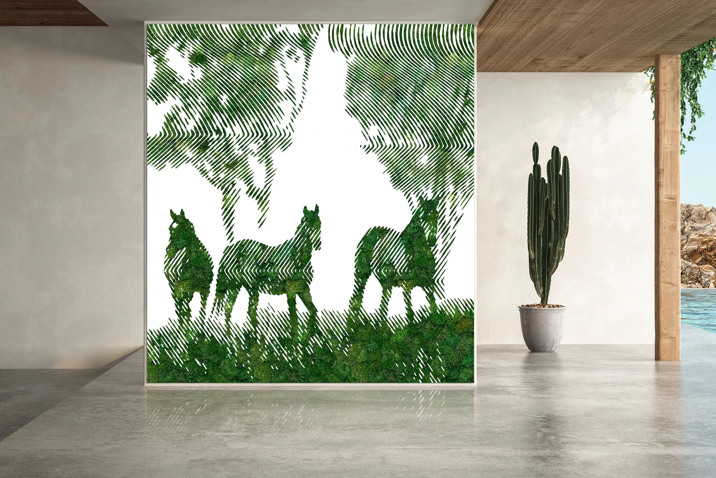 Modern interior with a decorative green moss wall artwork featuring silhouettes of animals, a cactus in a white pot, a wooden beam, and water visible outside.