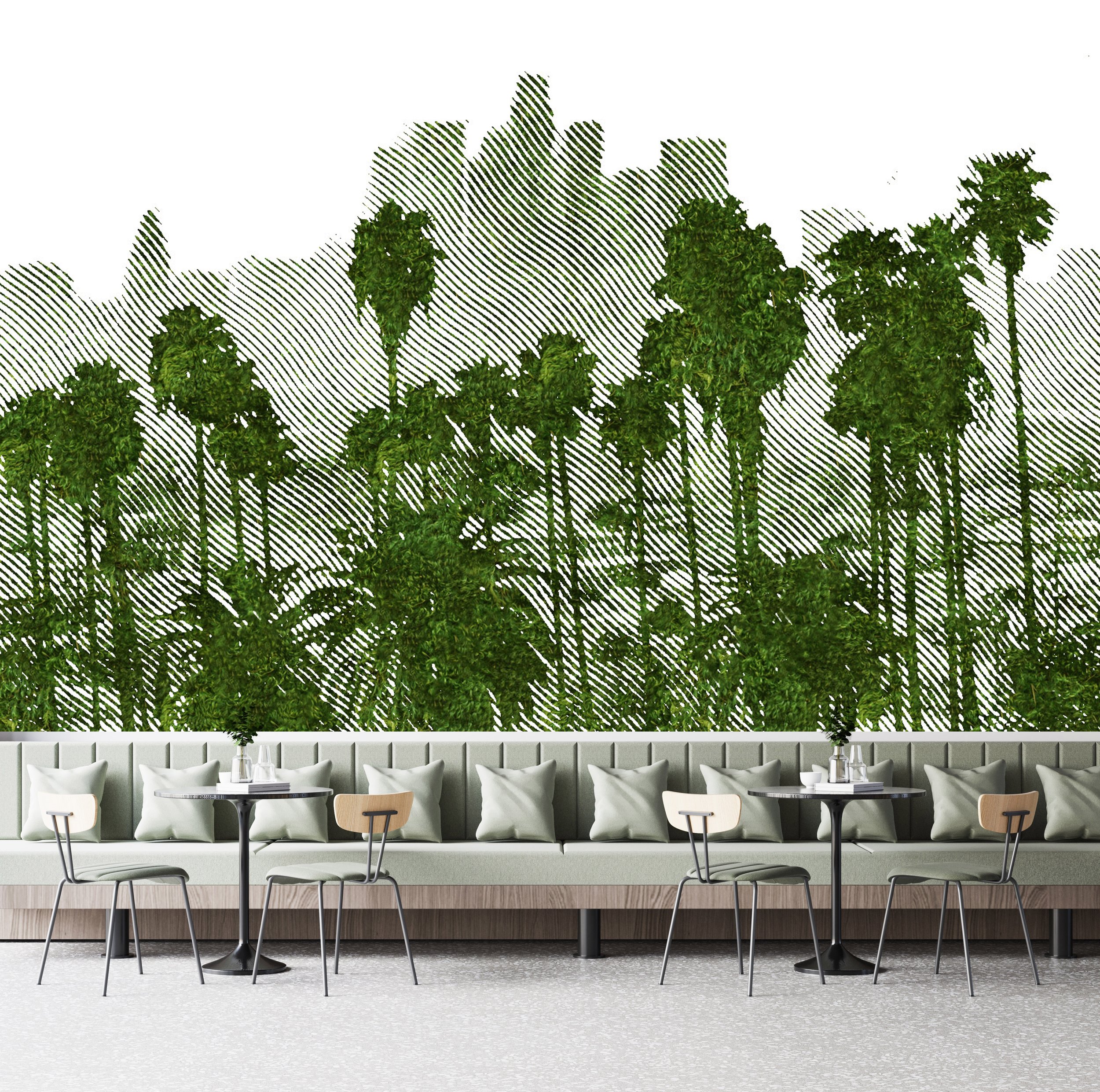 A modern dining room with a wall mural of green plants and trees. The room features a light-colored wall, a row of white pillows on a seating bench, a long dining table, black chairs, and minimal decor.