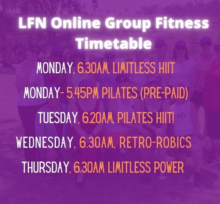 THIS is what our online group fitness class timetable for the next few weeks is currently looking like 🤩💜

Here&rsquo;s what you can expect in our LFN classes:
🧡 30-40 minute sessions that are for all fitness levels, delivered straight to you, in 