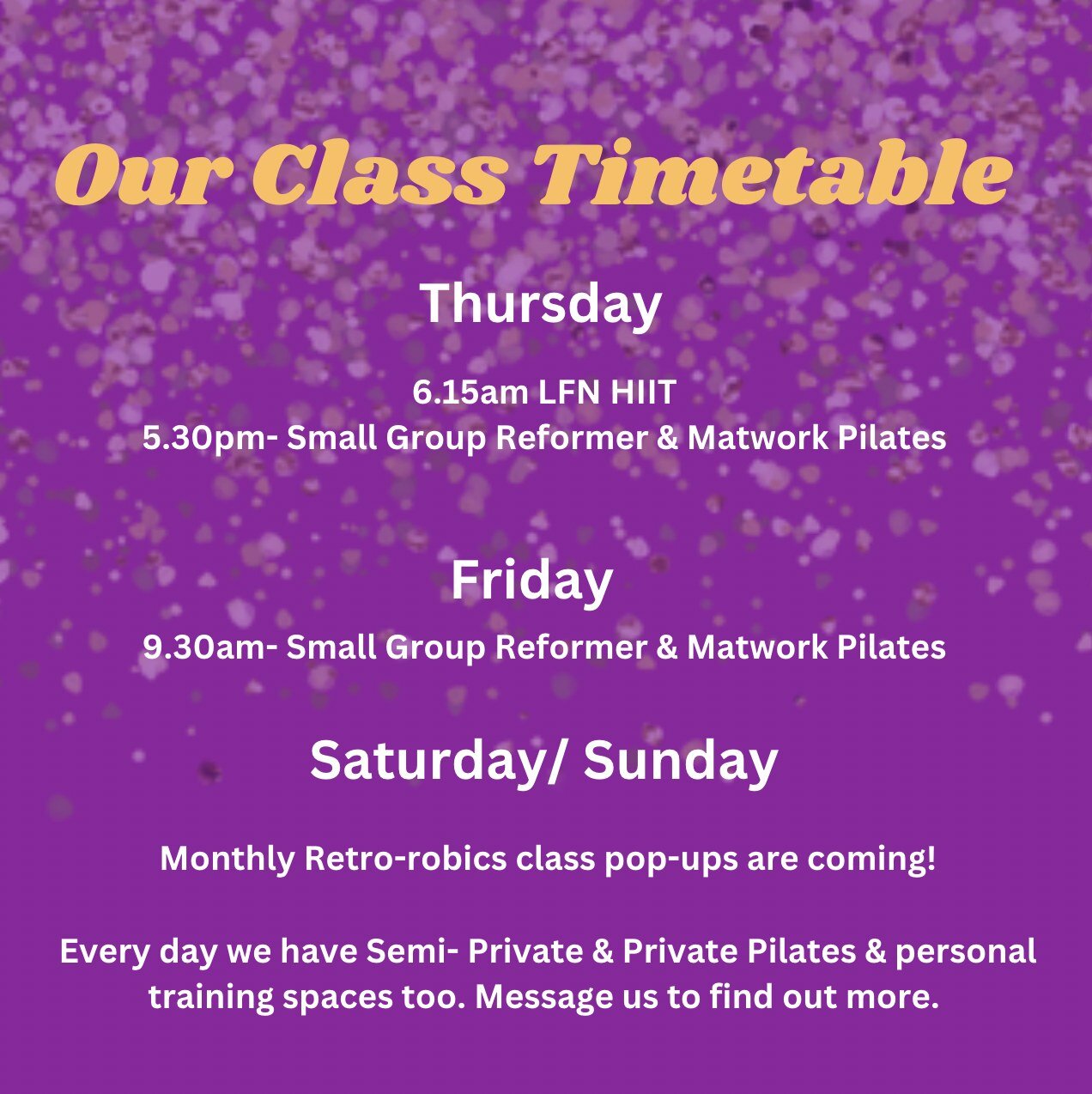 SCREENSHOT THIS 🤩 LFN Group Fitness Timetable

If you want to know when you can train with us in studio or online, we made it easy for you!

Our weekly Group Fitness timetable is ever evolving &amp; changing, and for this term, we have so many oppor