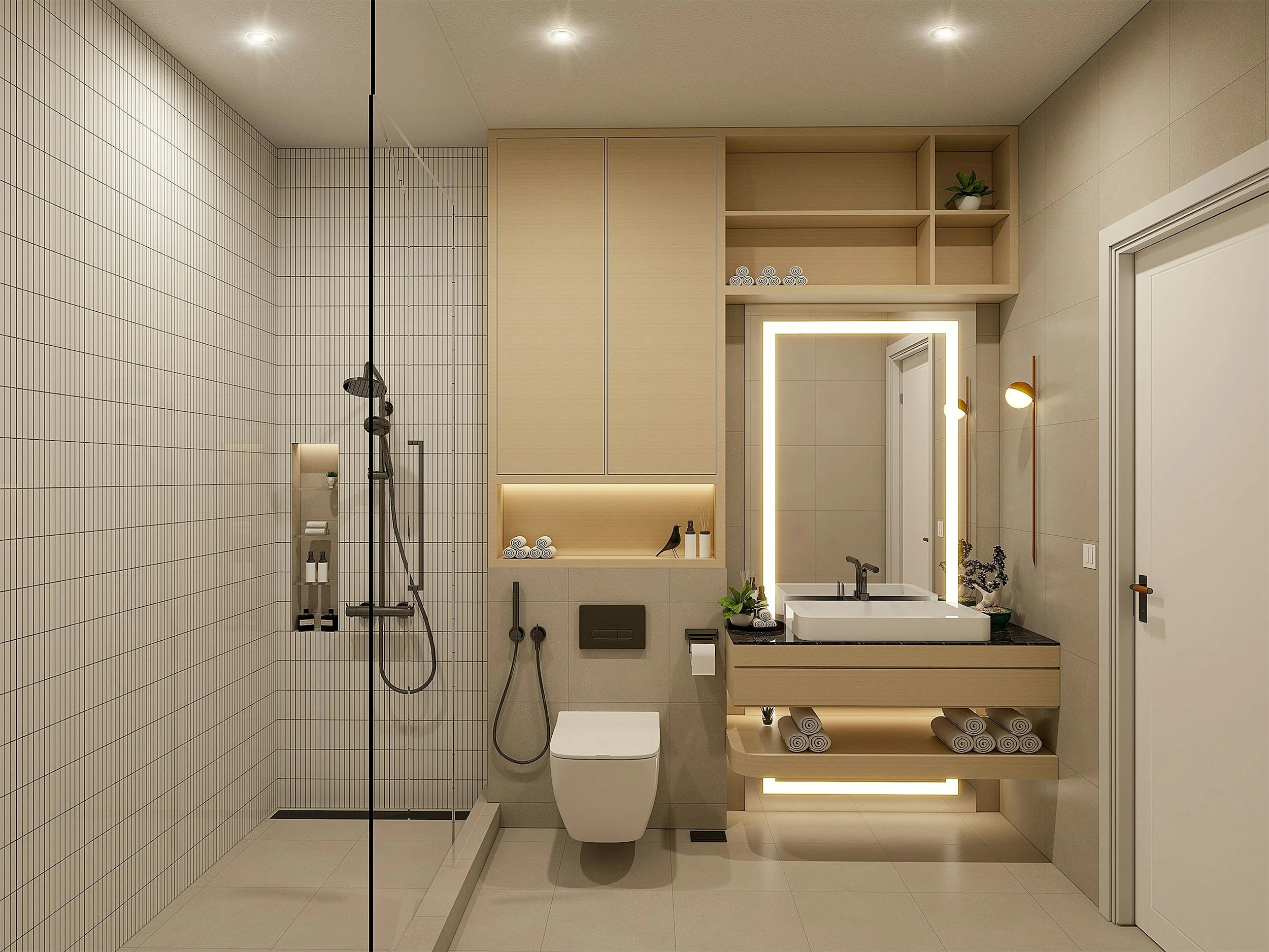 Modern basement bathroom renovation in Victoria featuring a walk in shower, toilet, floating vanity, and illuminated mirror