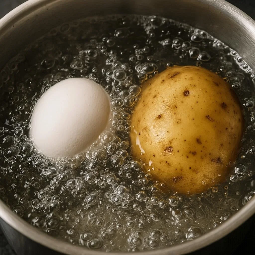 The same boiling water which hardens the egg softens the potato