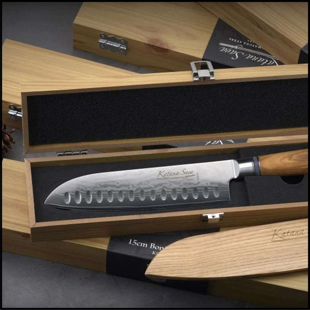 Katana Saya Olive Wood Santoku Knife - 18cm Blade