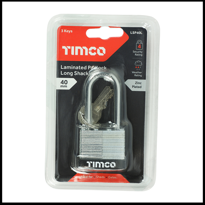 TIMco 40mm Long Shackle Laminated Padlock