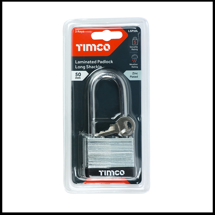 TIMco 50mm Long Shackle Laminated Padlock