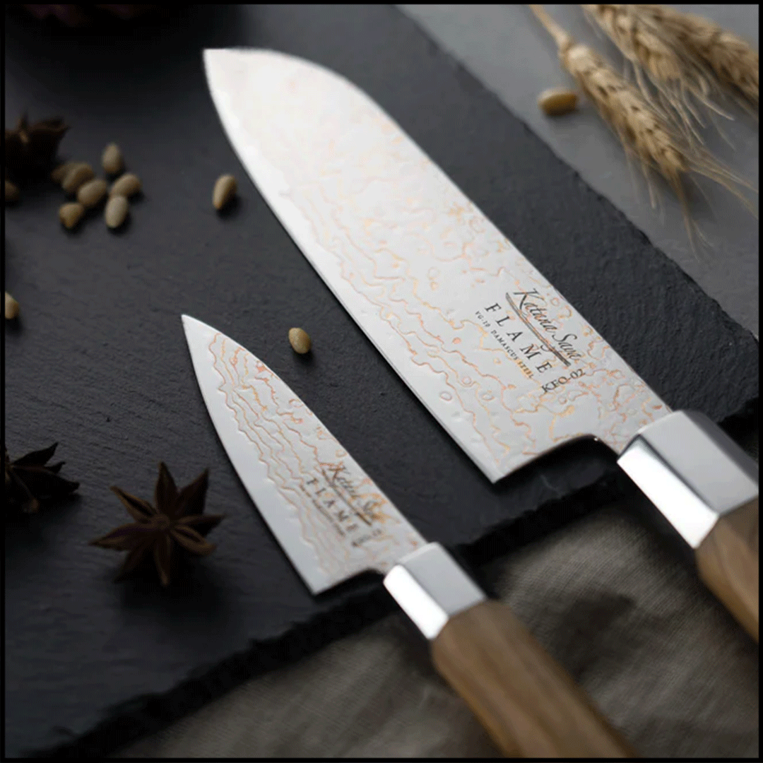 Katana Saya Flame Olive Wood Santoku Knife - 18cm Blade