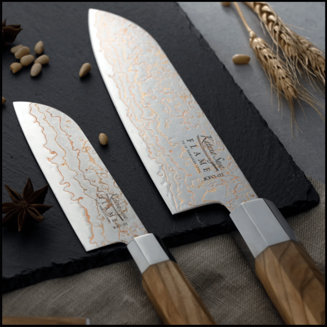 Katana Saya Flame Olive Wood Santoku Knife - 18cm Blade