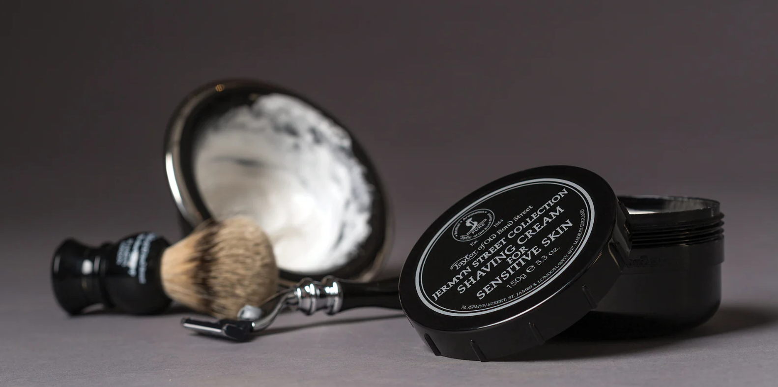 Shaving set with brush, bowl, and cream for sensitive skin