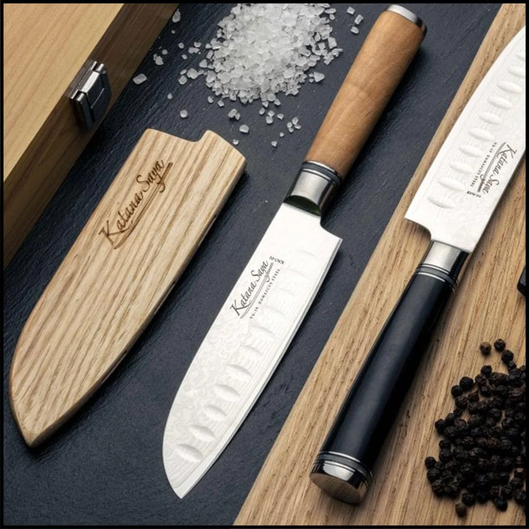 Katana Saya Olive Wood Santoku Knife - 18cm Blade