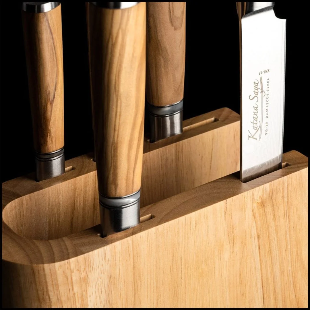 Katana Saya Olive Wood 6 Piece Knife Block Set