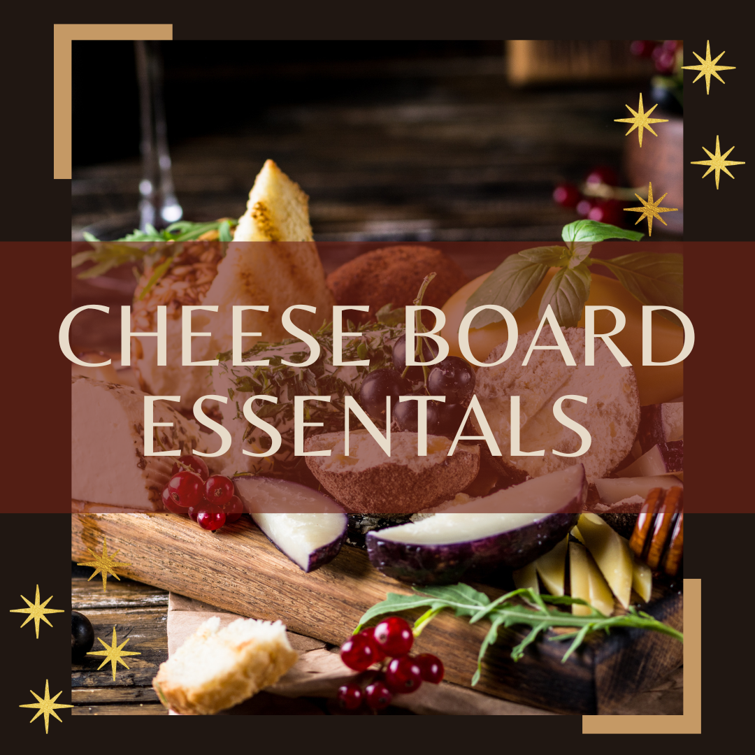 Assorted cheese board with fruit and bread, labeled 'Cheese Board Essentials.'