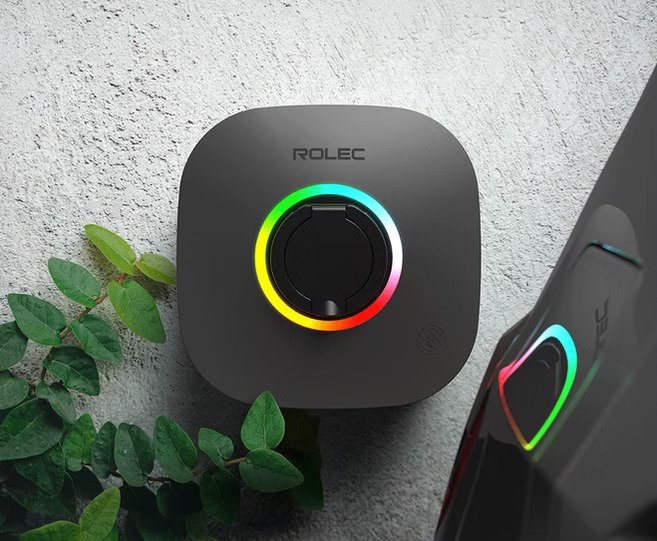 Smart lighting control device with a color wheel, mounted on a wall, with green leaves nearby.