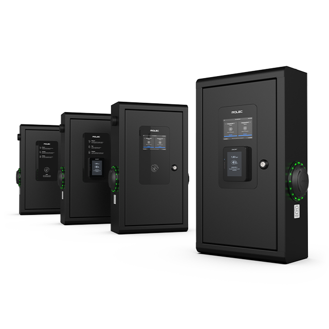 Multiple black secure access control panels with digital screens and green lock indicators, arranged in a row.