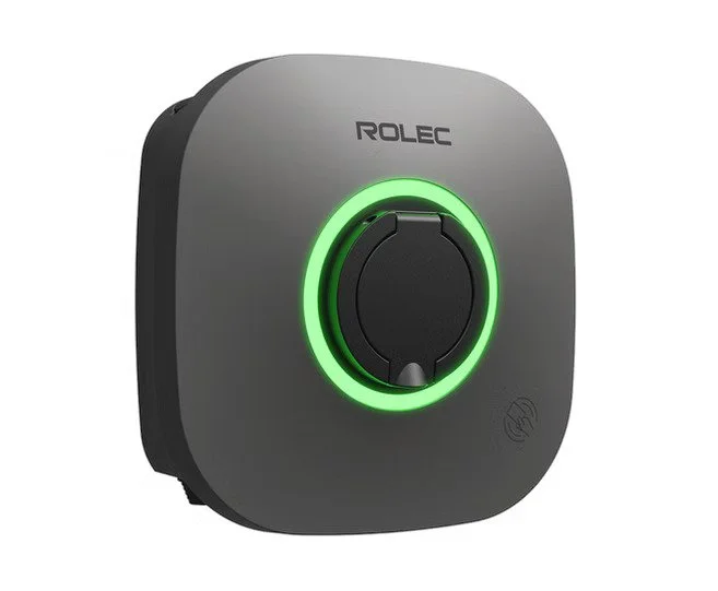 A grey Rolec EVO charger with a circular black charging area surrounded by a green LED ring, branded 'ROLEC' on the top left.